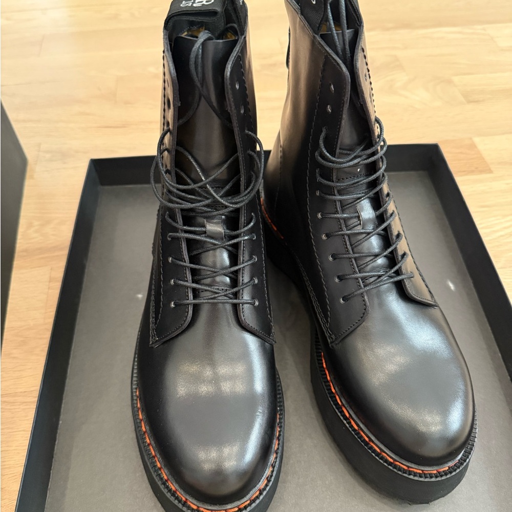 R13 Black Combat Boots with Polished Leather and Lace-Up Design